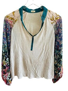Tiny Cream V-Neck Blouse with Teal Trim and Floral Long Sleeves